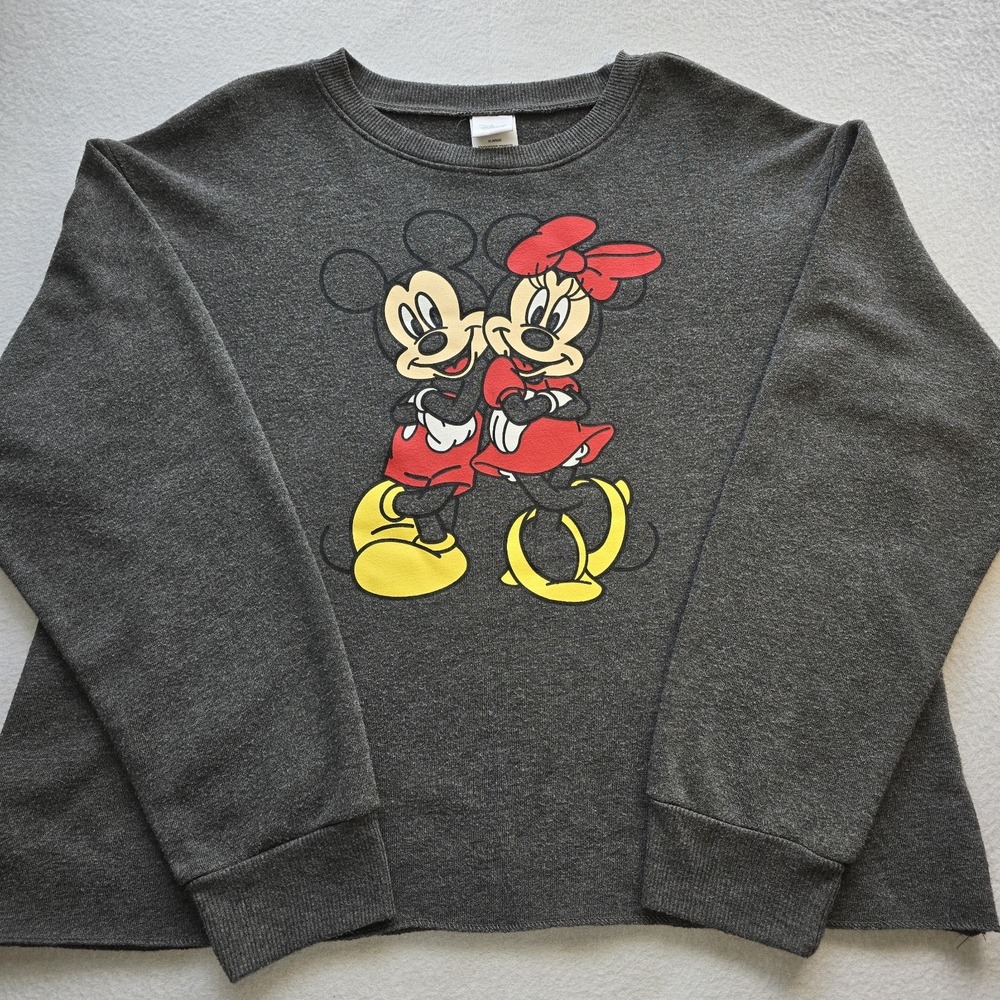 Disney Mickey Minnie Mouse Cropped Sweatshirt Womens XL Gray Jerry Leigh Retro